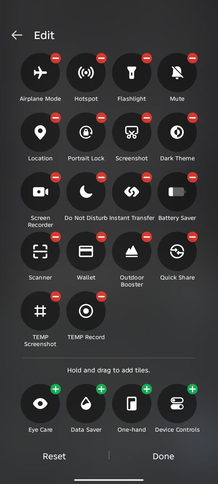 Android Quick Settings edit screen with the TEMP Screenshot and TEMP Record tiles added